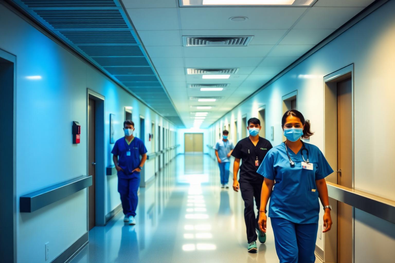 Healthcare professionals in a modern hospital corridor